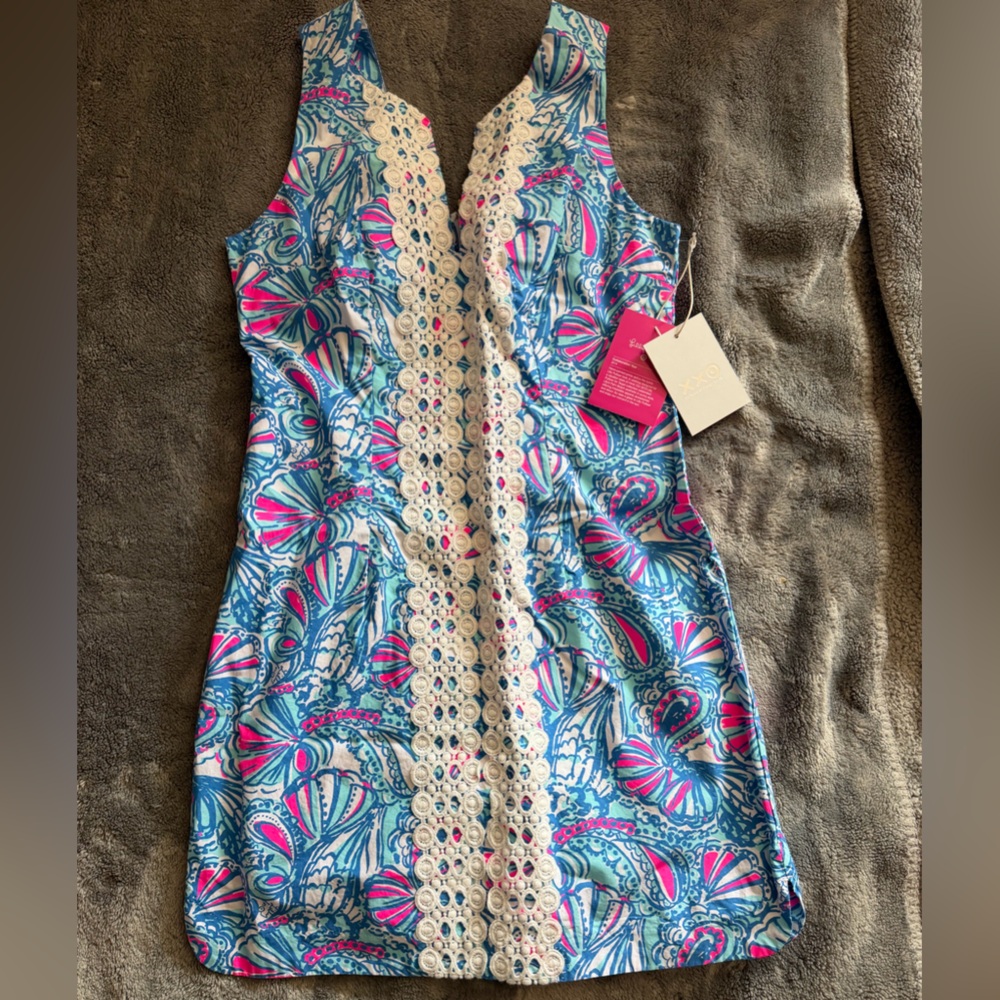 Lilly Pulitzer Blue & Pink Tropical Strapless Dress with Crochet Trim NWT